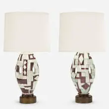 table lamps, pair by Guido Gambone, c. 1955, glazed stoneware, steel, brass, linen, sold Jan 2020