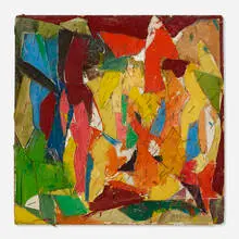 Collage with Canvas Shapes by Robert Goodnough, 1961, collage and oil on board with staples, sold Jan 2020