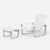Ilmari Lappalainen, Pulkka lounge chair and ottoman, c. 1967, brushed aluminum, leather