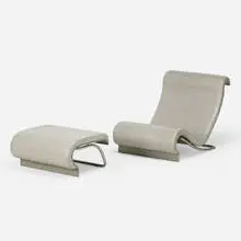 Jørn Utzon, lounge chair and ottoman, 1969-1970, brushed steel, lacquered plywood, leather