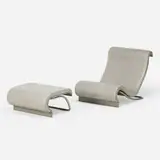 Jørn Utzon, lounge chair and ottoman, 1969-1970, brushed steel, lacquered plywood, leather