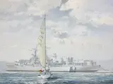 Trevor Crocker, Untitled, in front of warships oil on canvas board 51 x 61cm