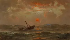 William A. Coulter, A Shipwreck at Sunset in the Open Water, oil on paper