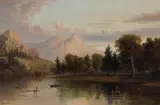 Albertus Del Orient Browere, A Lone Figure in a Rowboat with Mountains Beyond, oil on canvas