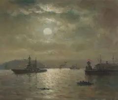William A. Coulter, A Moonlit Battleship Entering a Harbor, oil on canvas board