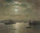 William A. Coulter, A Moonlit Battleship Entering a Harbor