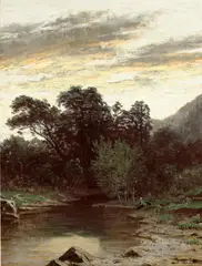 William Lewis Marple, Sitting Along the River at Sunset, oil on canvas