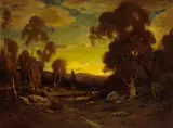 Alexis Matthew Podchernikoff, A Landscape at Dusk with Cattle Watering at a Pond