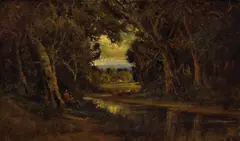 Manuel Valencia, Cattle Watering at a Forest Stream, oil on canvas