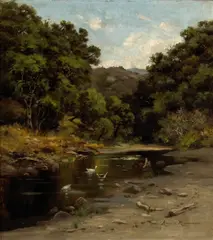 Annie Harmon, A Tranquil River with Ducks, oil on canvas board