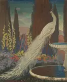 Jessie Arms Botke, A White Peacock Resting on a Fountain