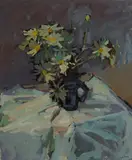 Si Chen Yuan, A Still Life of Daisies in a Blue Jug on a Draped Table