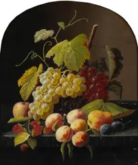 Severin Roesen and Studio, A Still Life with Grapes, Peaches and other Fruit on a Ledge, oil on canvas