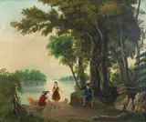 Figures by a River's Edge by American School, oil on canvas, sold Aug 2005