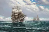 Theodore Victor Carl Valenkamph, A Square Rigger on the Open Seas with Another Vessel in the Distance, oil on canvas