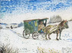 David Burliuk, A Horse-drawn Cart in the Snow, 1945, watercolor on paper