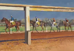 John Philip Falter, Four Jockeys on their Horses Walking the Track, gouache on paper