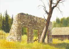 David Allen Halbach, A Still Life with Three Native American Pots, 1977; Stone Ruins, 1971; A Barn in a Field, 1974 (group of three)