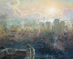 Clarkson Dye, The Oakland Bay Bridge and Downtown San Francisco from Nob Hill, oil on masonite