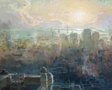 Clarkson Dye, The Oakland Bay Bridge and Downtown San Francisco from Nob Hill, oil on masonite