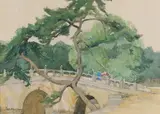 Theodore Wores, Figures on a Footbridge, Japan