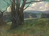 Maurice Del Mue, Trees on a Ridge Full of Wildflowers, 1904, oil on canvas