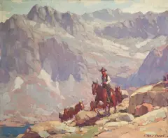 Edgar Alwin Payne, A Lone Rider Leading Pack Horses by a Sierra Lake, oil on canvas