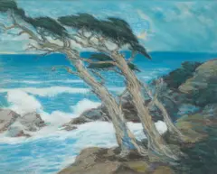Raymond Nott, Windswept Cypress Trees, Carmel Coast, pastel on paper