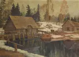 A Mill in Winter with a Horse Harnessed to a Sledge by Vladimir Pavlovich Shkurkin, oil on canvas, sold Aug 2005