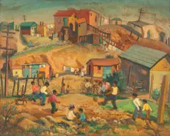 Helen Rousseau, A Pick-up Soccer Game, oil on board