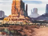 Jade Fon Woo, Galloping Mustangs, Monument Valley, Arizona, pencil and watercolor on paper