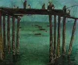 George Post, Fishing Off the Pier, oil on canvas