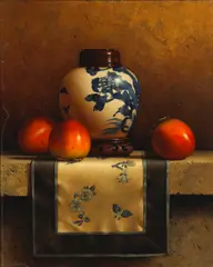 Loren Speck, Persimmons and a Chinese Blue and White Porcelain Jar (No. 576), oil on masonite