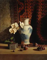 Loren Speck, A Still Life with an Orchid, Plums, Grapes and a Vase, oil on canvas