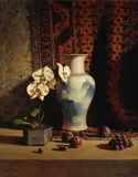 Loren Speck, A Still Life with an Orchid, Plums, Grapes and a Vase, oil on canvas