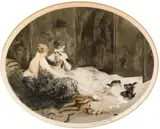 Spilled Milk (H., C. & I. 255) by Louis Icart, 1925, Etching and aquatint with touches of handcoloring printed on wove paper, sold Apr 2005
