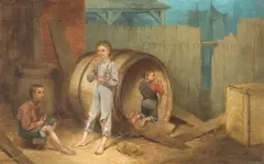 James E. Maxfield, Three Street Urchins with Keg Barrels, 1877, oil on canvas