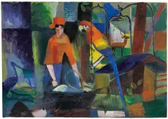 August Macke, Frau mit Papagei in einer Landschaft, 1914, Öl auf Leinwand