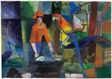 August Macke, Frau mit Papagei in einer Landschaft, 1914, Öl auf Leinwand
