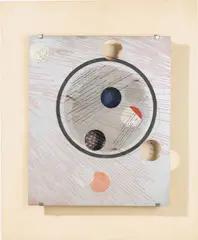 László Moholy-Nagy, Space Modulator Experiment, Aluminum 5, 1931, Multi-Media-Objekt: Öl auf geritzter transparenter Kunststoffscheibe und Aluminiumplatte, vom Künstler auf bemalte Holztafel montiert