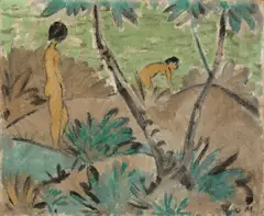 Otto Mueller, Zwei Mädchen mit gegabeltem Baum, Um 1916, Leimfarbe auf Rupfen