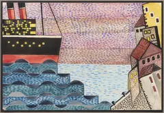 Bedřich Feuerstein, Vista of the Sea with a Ship, Around 1920, Watercolour, paper