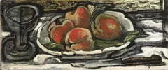 Jan Benda, Still Life with a Cup and Apples, 1935, Oil on cardboard