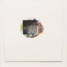 Larry Bell, Fraction #4140; Fraction #4962; Fraction #4771 (3), 1998-1999, Mixed-media collages with aluminum and silicon monoxide on watercolor paper