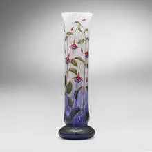 Monumental vase with fuschia by Daum, c. 1900, acid-etched and enameled glass, sold Jul 2024