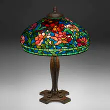 Tiffany Studios, Peony table lamp, c. 1910, leaded glass, patinated bronze