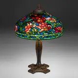 Peony table lamp by Tiffany Studios, c. 1910, leaded glass, patinated bronze, sold Jul 2024