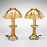 Tiffany Studios, Candle lamps, pair, c. 1910, hand-blown Favrile glass, brass