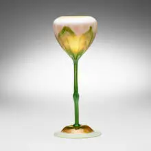 Decorated floriform vase by Tiffany Studios, c. 1900-03, hand-blown Favrile glass, sold Jul 2024