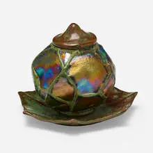 Turtleback inkwell by Tiffany Studios, c. 1910, Favrile glass, patinated bronze, glass, sold Jul 2024